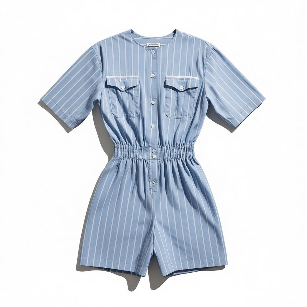 Vintage Blue Stripe Cotton Romper | USA Made Short Sleeve Playsuit S